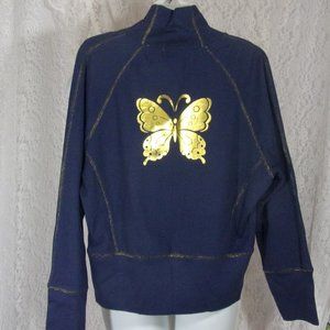 Navy  Hoodie Jacket Gold Foil and Gold Top stitching Zip Front Butterfly Back